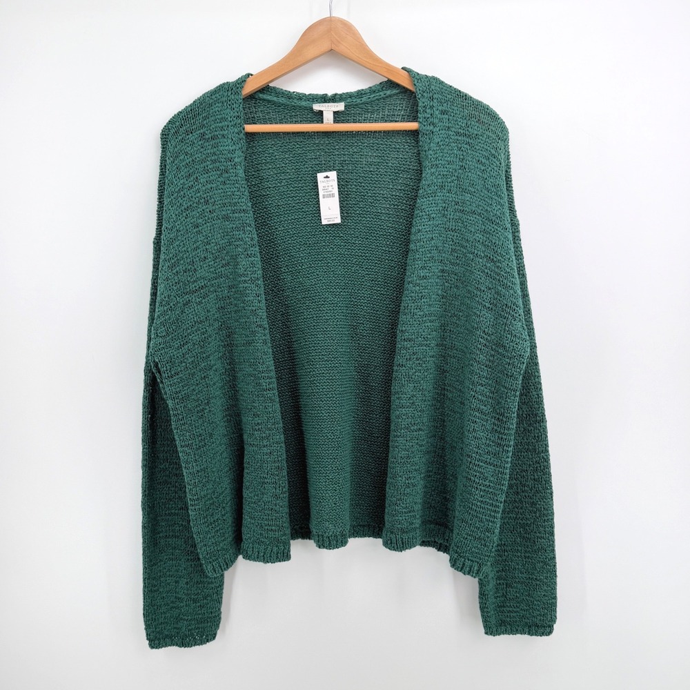 Talbots Open Front Textured Knit Cardigan Size L Cotton Blend Green Casual Chic